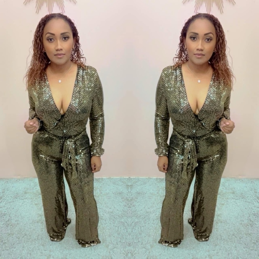 Sequin Wrap Jumpsuit in Gold